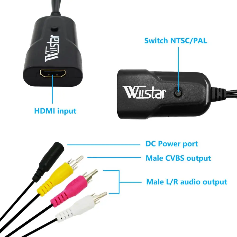 Wiistar HDMI AV video Converter Adapter HDMI to Composite Video RCA AV/CVSB L/R Aideo 1080P Support NTSC PAL for DVD HDTV PS3