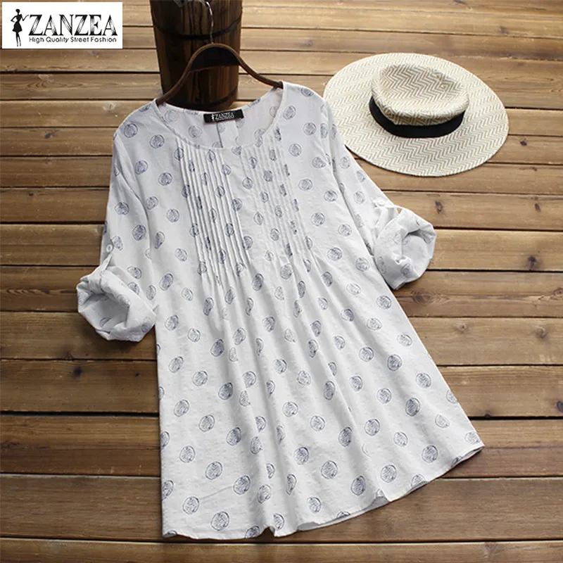 ZANZEA элегантный для женщин блузка в горошек женский повседневное плиссированные работы Blusa Винтаж печати рубашка с длинными рукавами