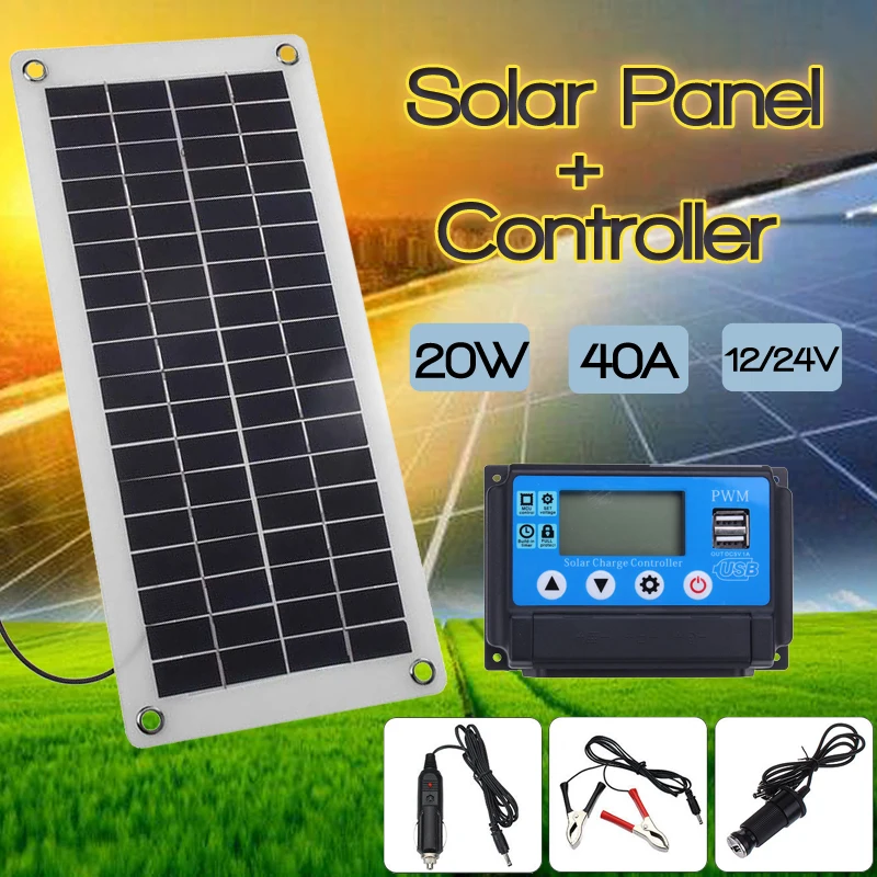 

40A Solar Charge Controller Regulator + 20W Solar Panel 12/24V Portable Power Bank Board Automatic Identification PWN Battery