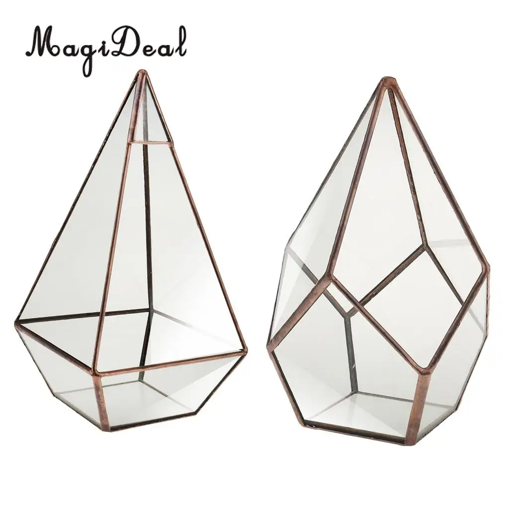 

2pcs Glass Geometric Terrarium Moss Fern Cacti Flower Pot Box Table Succulent Planter Copper Pyramid+Diamond
