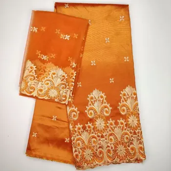 

2018 New Arrival Orange African George Lace Fabric With Net Blouse Lace Nigeria Embroidery Wedding Fabrics For India Women