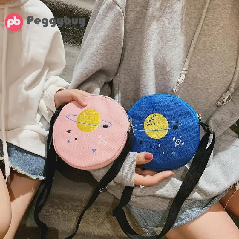 

Women Cute Round Canvas Shoulder Bags Girls Crossbody Bag With a planet pattern Kids Small Round Satchel Handbags for Children