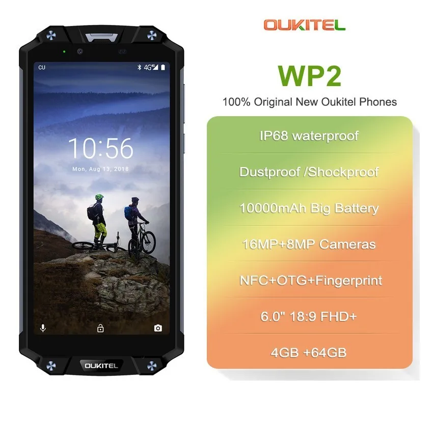 OUKITEL WP2 IP68 водонепроницаемый смартфон 6," 18:9 MT6750T Восьмиядерный 4 Гб ОЗУ 64 Гб ПЗУ Android 8,0 10000 мАч сотовый телефон с отпечатком пальца