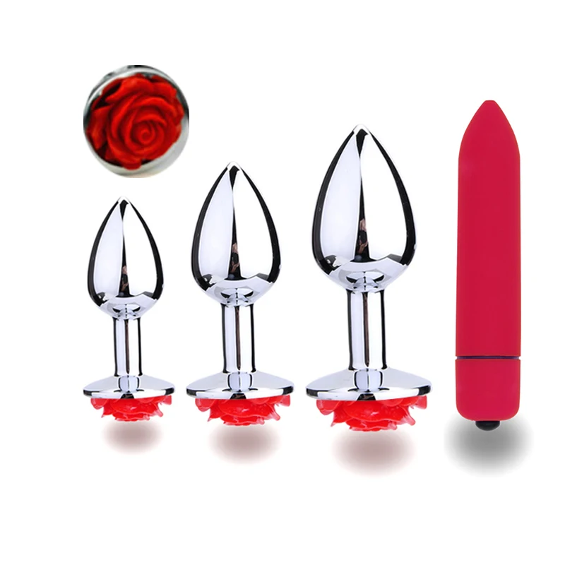 4pc Set Rose Flower Penis Steel Butt Plug font b Dildo b font Clitoris Stimulation Vibrator