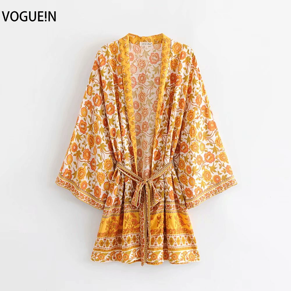 

VOGUEIN New Womens Ethnic Orange Floral Print Beach Boho Kimono Blouse Shirt Tops Wholesale
