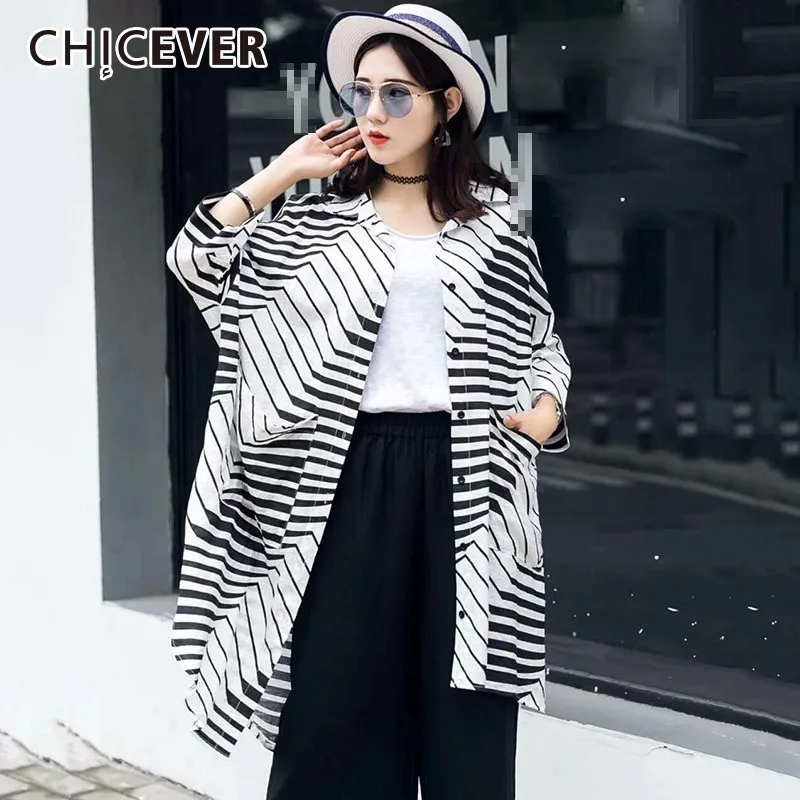 

CHICEVER 2019 Summer Striped Women's Shirt Blouses Long Sleeve Irregular Loose Big Size Shirts Blouse Clothes Fashion Casual New