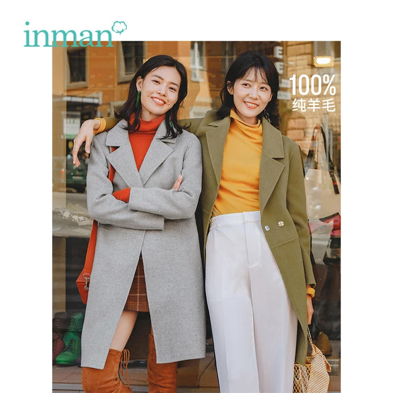 INMAN Winter New Arrival Female Solid Color Lapel Loose Casual Woman Warm Wool Coat