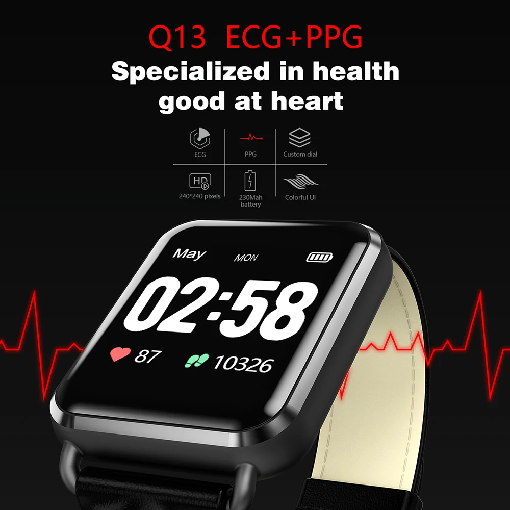 

Q13 Smart Watch IPS TFT LCD Screen BT4.0 Heart Rate Blood Pressure ECG PPG Calorie Fitness Waterproof Multiple Sports Modes