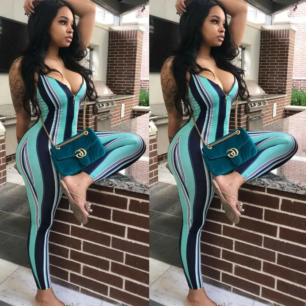 

New Women Ladies Fashion Casual Summer Jumpsuit Short Sleeve Deep V Striped Jumpsuit Bodycon Party Club Jumpsuit Long Pants
