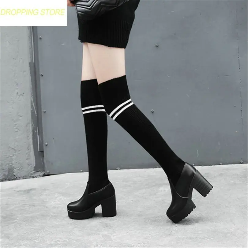 

Women Black Stretch Long Over The Knee Boots Knit Stocking Thigh High Riding Boots High Heel Winter Pumps Shoes