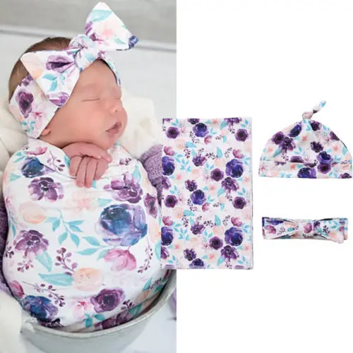 

2019 AU Newborn Baby Floral Snuggle Swaddling Wrap Blanket Sleeping Bag Swaddle Headband Hat3Pcs