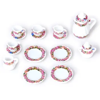 

15pcs Doll House Miniature Porcelain Tea Set Dish+Cup+Plate - Colorful Floral Print
