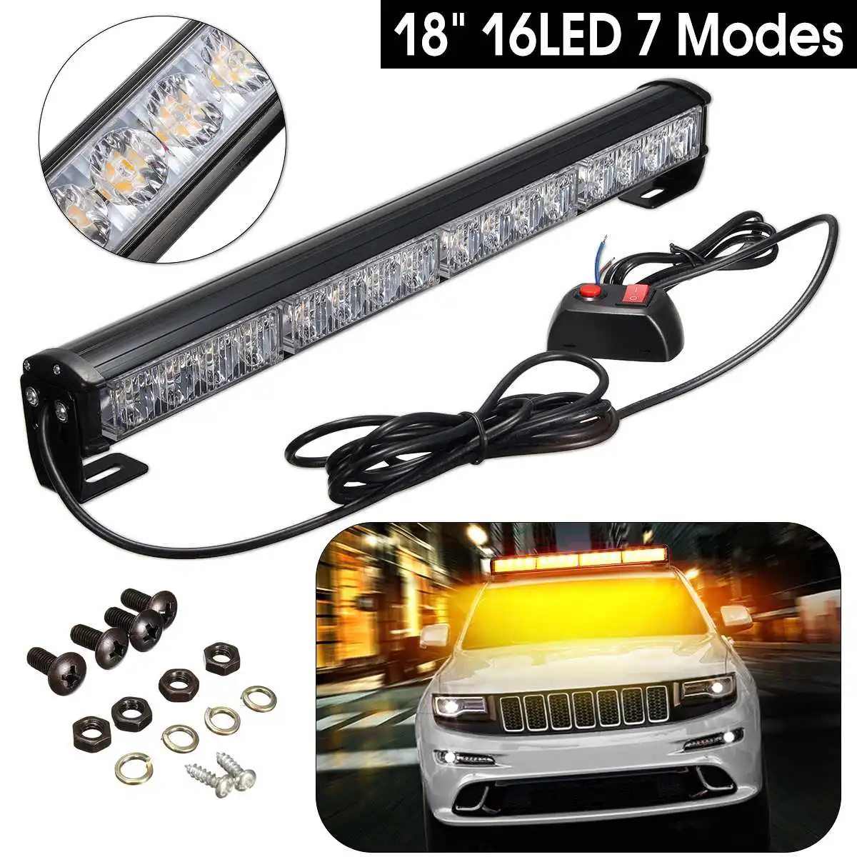 

1pcs 18" 16 LED 48W Amber Light Emergency Warning Strobe Flashing Yellow/White Bar Hazard Security Car Truck led light bar