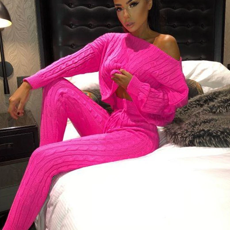 

Great Sweat Suits Womens Two Piece Sets 2019 Autumn Winter Woolen Sweater Women Outfits Vintage Neon Green Casual Matching Sets