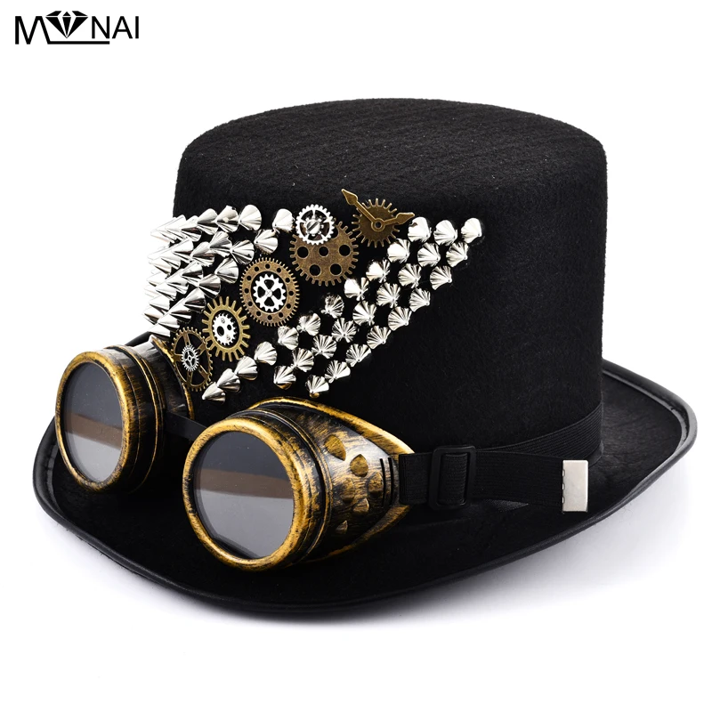 

Gothic Vintage Men Woman Steam Punk Hat Gear Rivet Spikes Glasses Top Hat Punk Unisex Party Black Fedora Hats with Goggles
