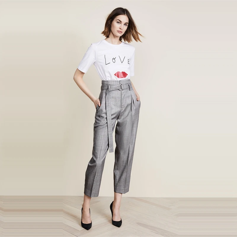 HDY Haoduoyi 2019 New Women Autumn Simple Gray High Waist Show Leg Long Metal Ring Bandage Show Thin Nine Minute Pants HDY Haoduoyi 2019 New Women Autumn Simple Gray High Waist Show Leg Long Metal Ring Bandage Show Thin Nine Minute Pants