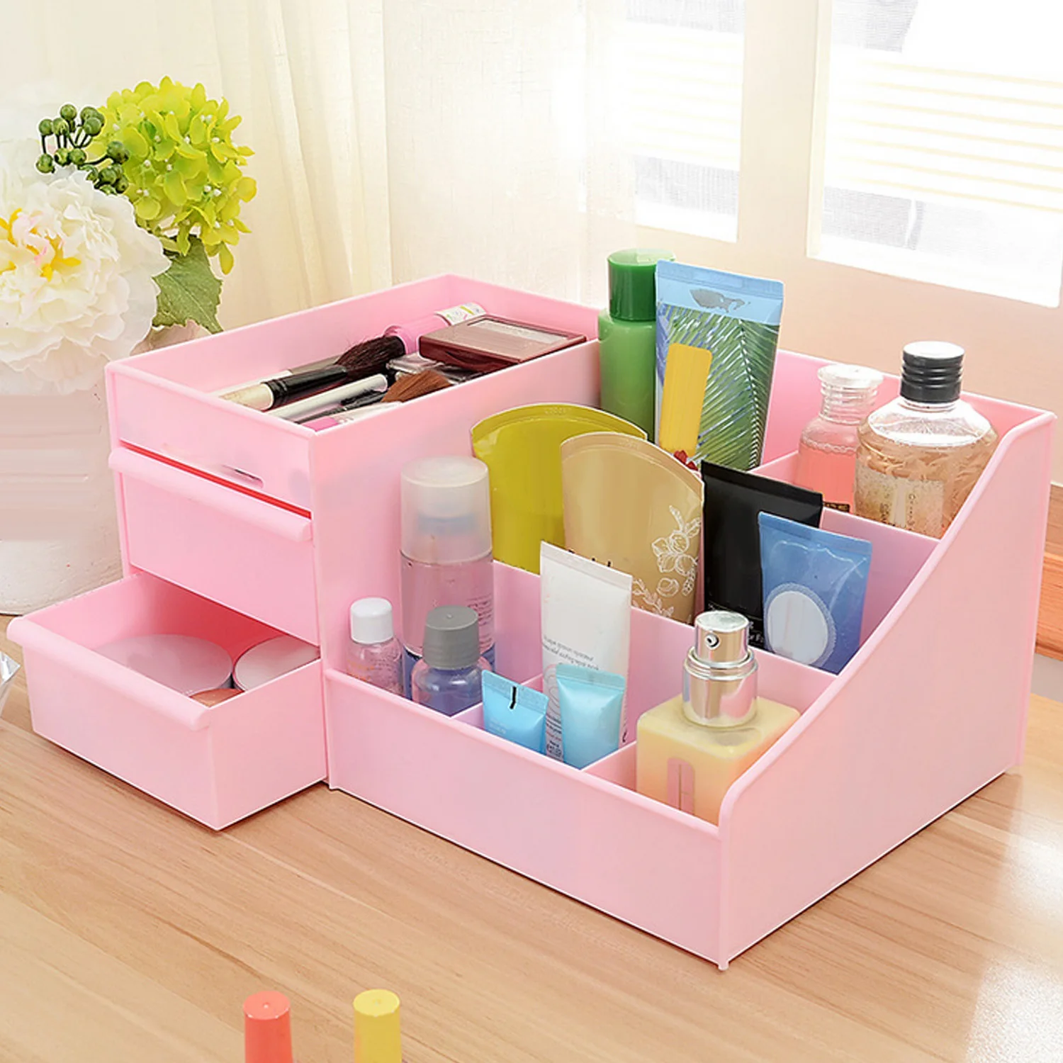 

Behogar Fashion Desktop Table Storage Box Organizer Container with Drawer for Home Office Cosmetics Stationery Mobile Phone Pink