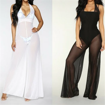 

Sexy Women Jumpsuit Solid Color V Neck Playsuit Sleeveless Romper Jumpsuit Beach Mesh Playsuit Ladies Jumpsuits Summer Romper