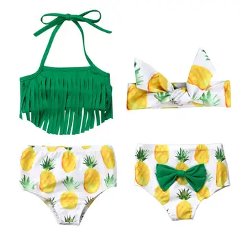 

3PCS Set Newborn Baby Girl Swimsuit Strap Tassel Tops Fruit Print Bow Shorts Headband Swimming Bathing Suit Bikini Set