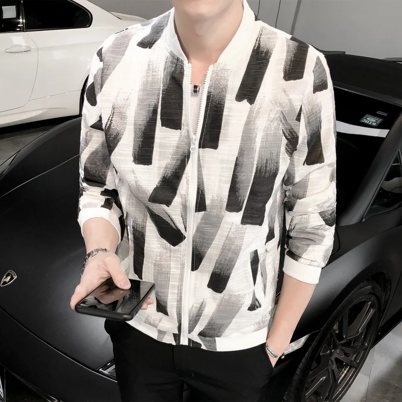 Summer Jacket Men Stand Collar Print Casual Baseball Jackets Nightclub Bar Party Clothes Sunscreen Jacket Fashion Bomber Coat Summer Jacket Men Stand Collar Print Casual Baseball Jackets Nightclub Bar Party Clothes Sunscreen Jacket Fashion Bomber Coat