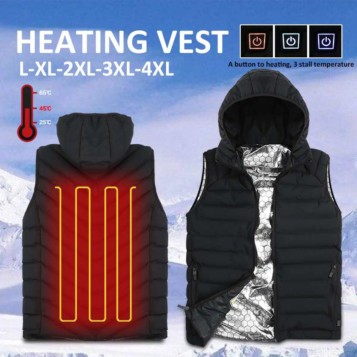 

L-4XL Heating Sleeveless Vest Full Zipper Warm Waistcoat Jacket Windproof Coat Winter Men Women Heated USB Hooded Safety Clothes