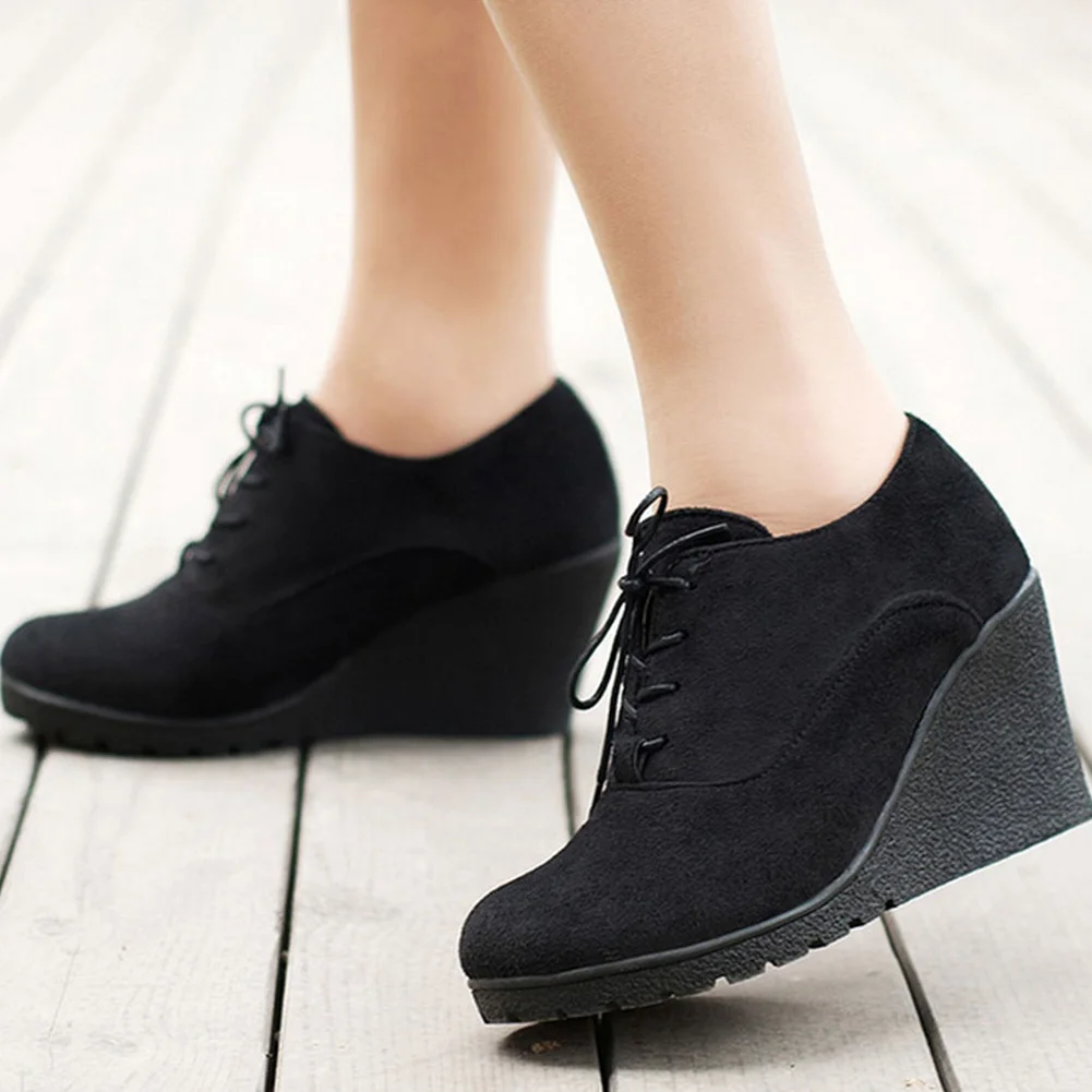 

Wedge High Heel Ankle Boots For Women Spring Autumn Suede Short Round Toe Lace Up Platform Booties Heightening Shoes Botas Mujer