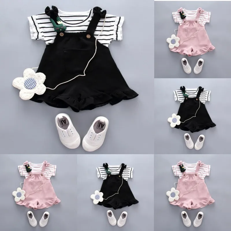 

Girls Clothes Baby Salopettes Suit Summer Wear Short-sleeved Two-piece Girls Autumn Striped Shirt + Bib Pants Suit