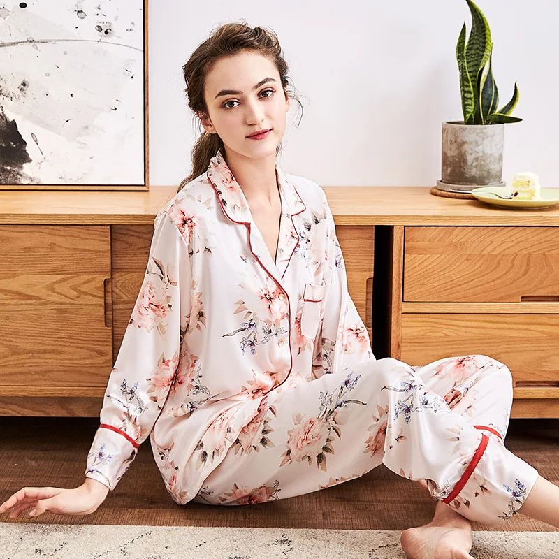 

New Silk Pajamas For Women Satin Pyjamas Sets Long Sleeves Turn-down Collar Pocket Top+Pants Imitation Silk Sleepwear