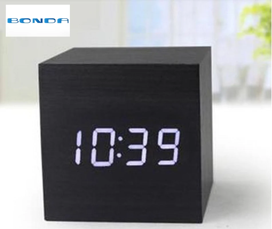 

Cube wooden LED Alarm Clock,despertador Temperature Sounds Control LED display,electronic desktop Digital table clocks,SKU4A4A3