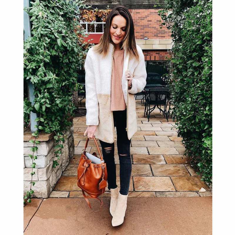 Women Long Sleeve Fluffy Outwear Winter Fashion Patchwork