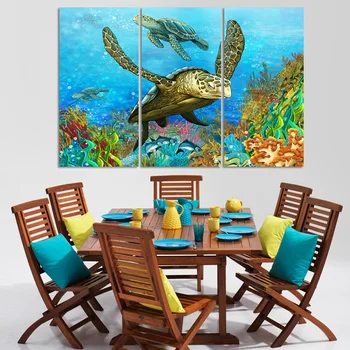 

Modern 3 Pieces Unframed Deep Sea Oil Painting On Canvas Deep Sea turtles In Blue Living Room Decor Picture Painting
