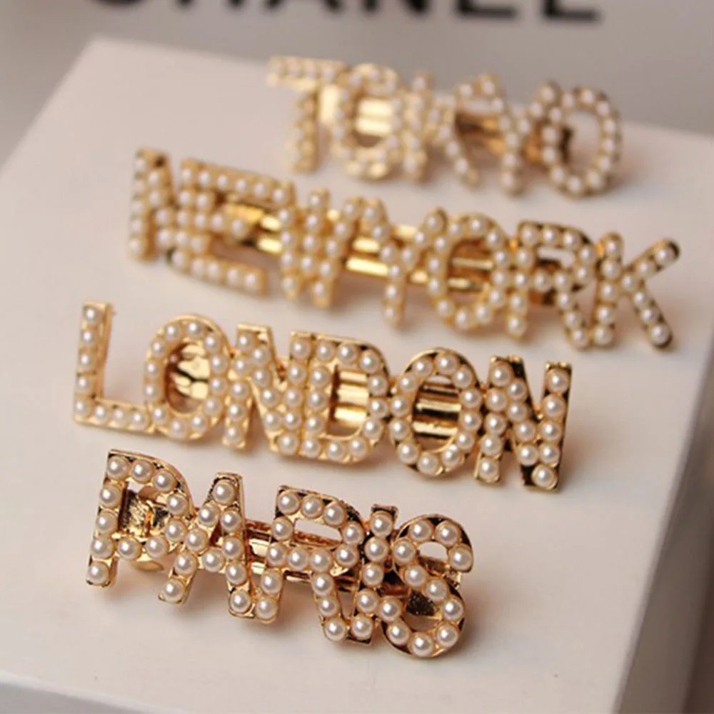 

New Fashion Women Pearls Hair Clips Barrettes New York Tokyo Paris London Hair Accessories Crystal Imitiation Pearl Hair Clips