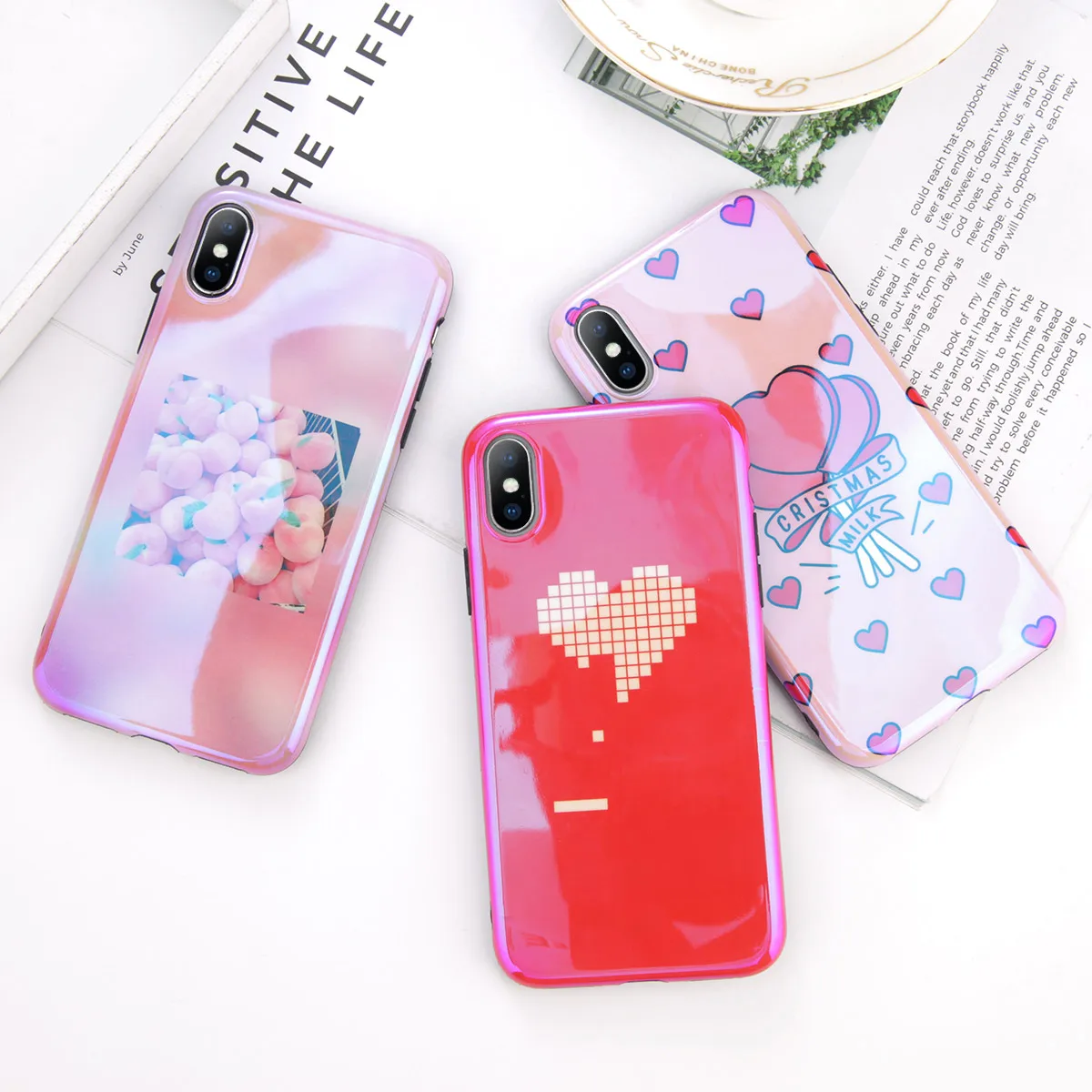 

KJOEW Cute Cartoon Heart-shaped Fruit Pattern Back Cover Square Speckle Luxury Shell Letter Case For iPhone X 6 6S 7 8 Plus Capa