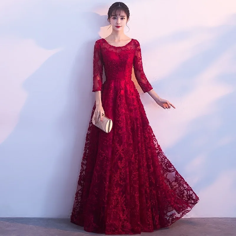 

Mingli Tengda Khaki Evening Formal Dress Full Lace 3/4 Sleeve Long Evening Dresses Red Black Burgundy Women Dress Robe Soiree