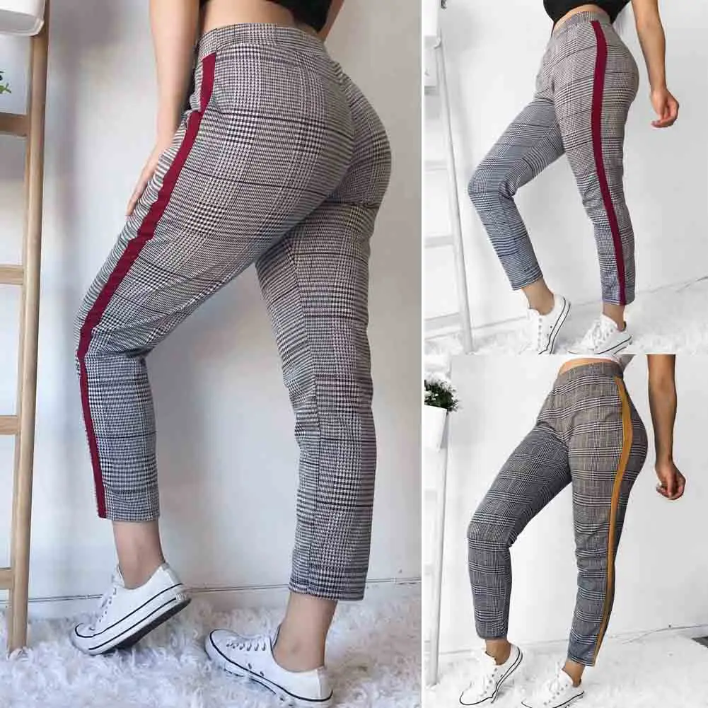 

Womens High Waist Elastic Harem Pants Casual Stretch LadysSkinny Plaid Slim Joggers Pencil Pants Trousers