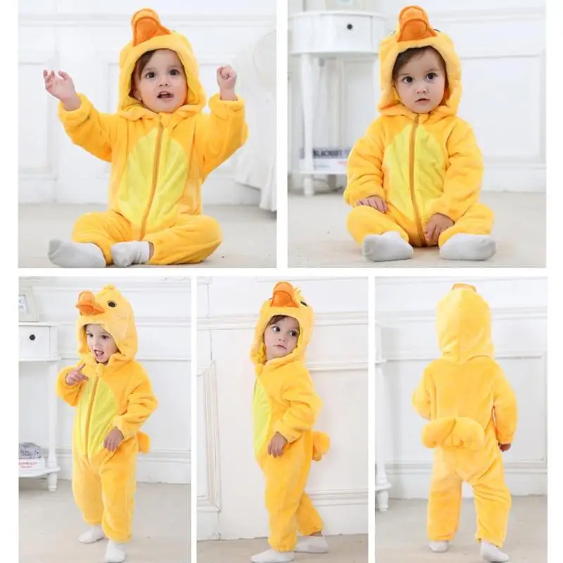 

Winter Flannel Jumpsuit Front Zipper Cartoon Duck Rat Rabbit Shape Soft Hooded Jumpsuit infant boy Romper kids winter cloth