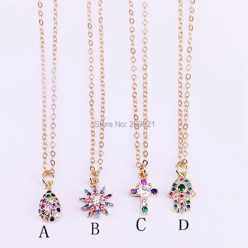 

12Pcs Gold color rainbow multi color cz pave cross/flower/ waterdrop Pendant Necklace charm women trendy jewelry wholesale