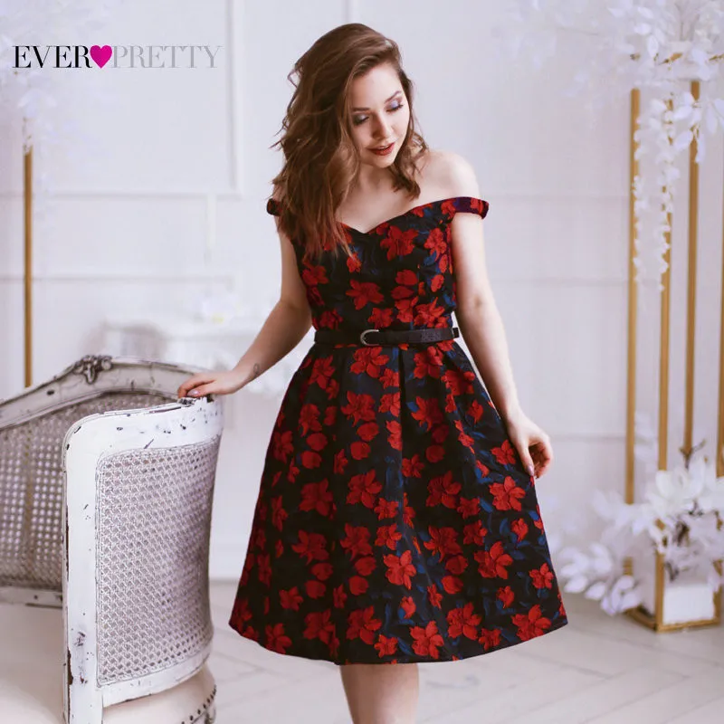 Short Prom Dress Satin Ever Pretty Elegant Ball Gown Off Shoulder Floral Print Formal Party Gowns For Wedding Guest Robes De Bal