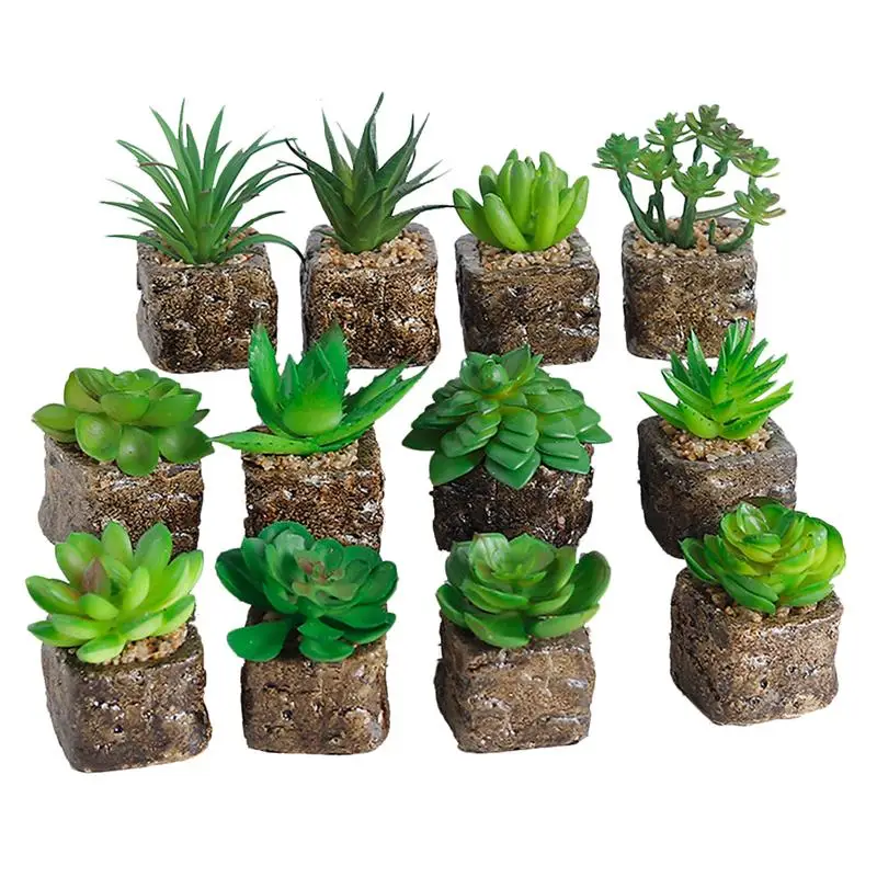 

12PCS Decorative Faux Succulent Mini Fake Simulation Artificial Green Plants in Square Pots