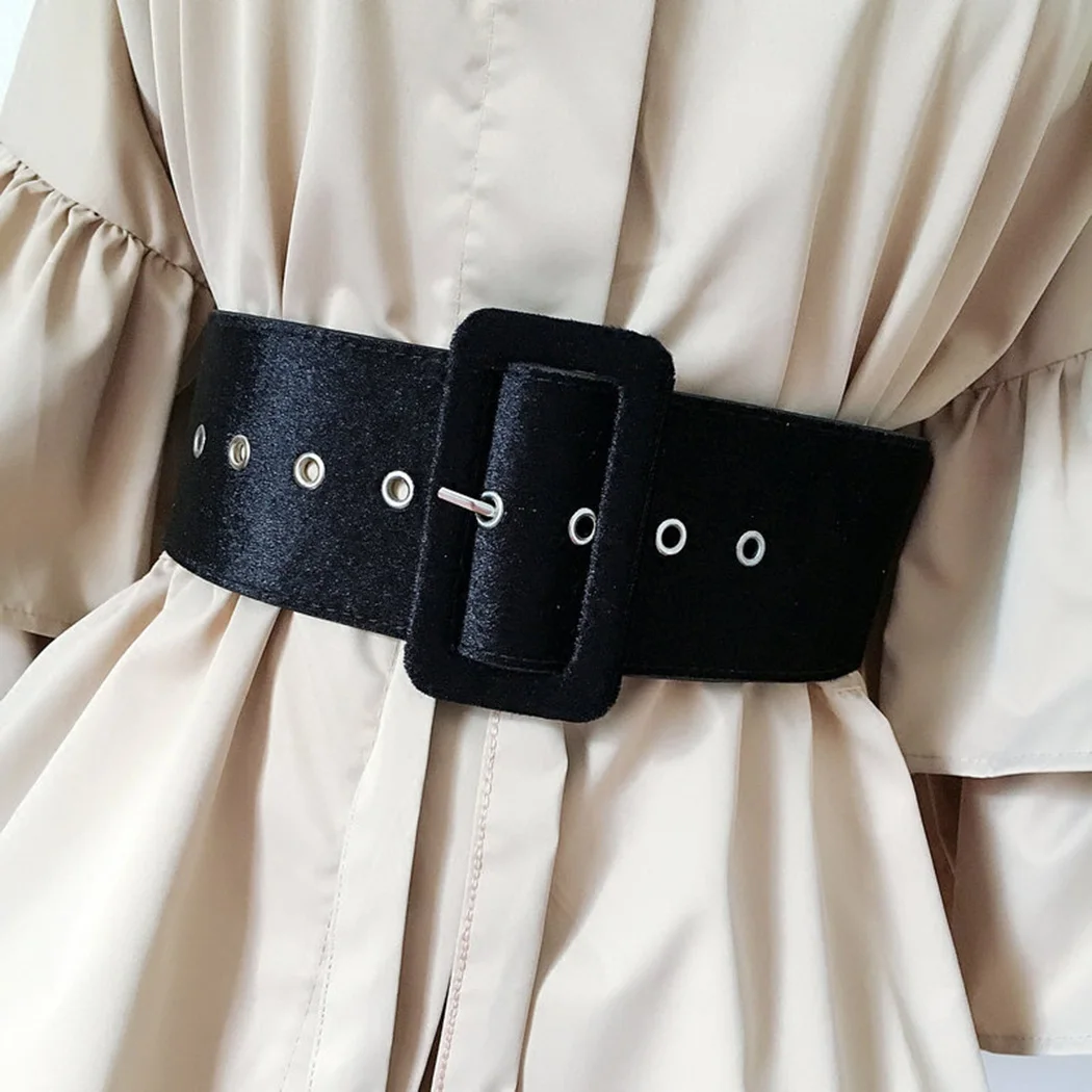 

Women Korean Wide Silver Pin Buckle Belt Flannel Velvet Belts Decorate Waistband Fashion Ladies Dress Party Belt Black Ceinture