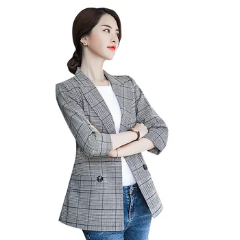 

Fashion Plus Size Double Breasted Plaid Blazer Women Long Sleeve Slim Blazer 2020 Casual Spring Jacket Blazer Female