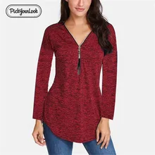 PickyourLook Deep V Neck Front Zip Casual Tee Shirts Women Plus Size 5XL Long Sleeves T Shirts OL Daily Wear Tops Tees Slim Fit black zip front v neck long sleeves bodycon jumpsuit