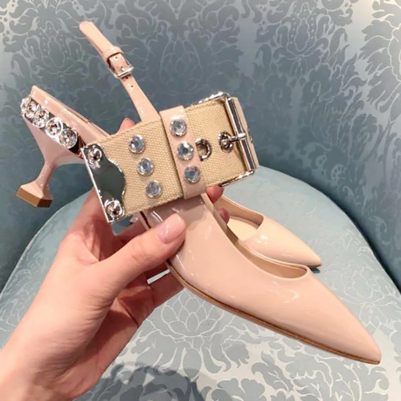 

Patent Leather Woman Pumps Kitten Heel Bling Crystal Decor Slingback Shoes Woman Wedding Party Dress Shoes Rivets Belt Buckle