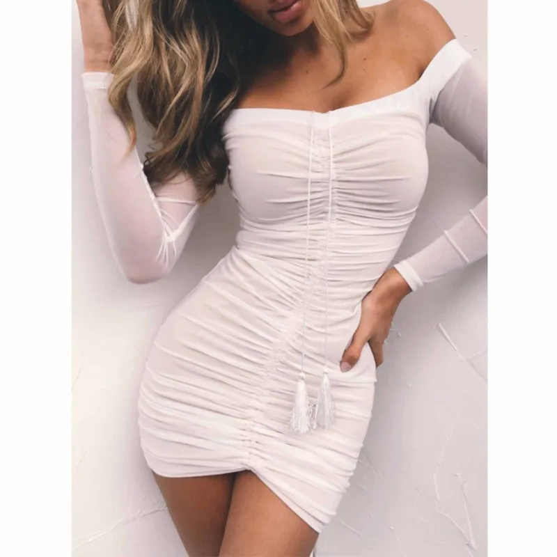 

Try Everything White Women Summer Dress 2019 Slash Neck Ladies Sexy Dress Long Sleeve Pleated Short Mini Bodycon Dress For Women