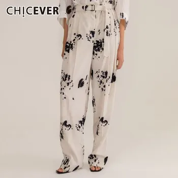 

CHICEVER Summer Print Trousers For Women High Waist Sashes Plus Size Straight Wide Leg Pants Female 2020 Fashion Clothes New