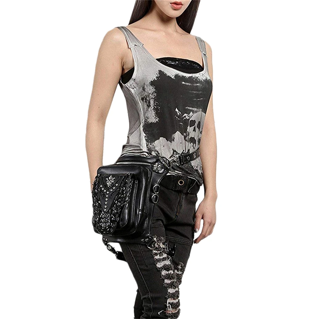 

Punk Pu Leather Waist Bags Gothic Rivet Black Fanny Packs Steampunk Handbags For Men Women