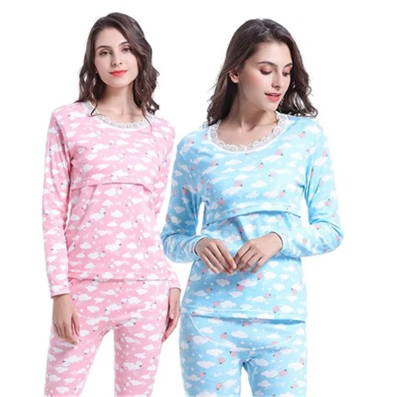 

Maternity Nursing Clothes Pajamas Cotton Pregnant Pajama Set Long Sleeve Tops Pants Winter Sleepwear Nightgown 2 Colors