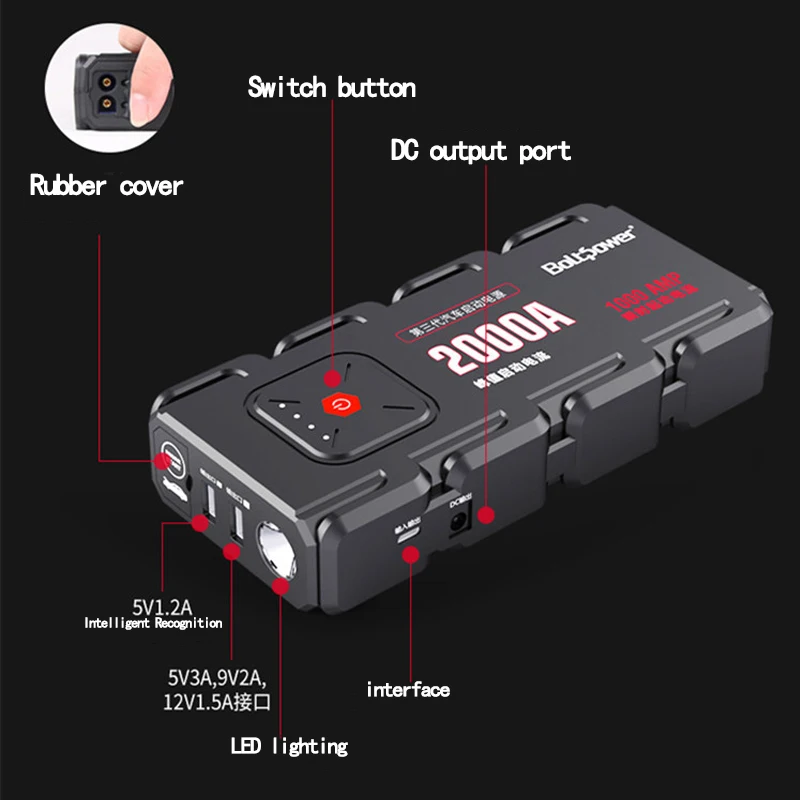2000A Peak Car Jump Starter Pack Portable LED Flashlight Power Bank Car Boat Auto Cars Battery Supply Phone Power Clamps For 12V 2000A Peak Car Jump Starter Pack Portable LED Flashlight Power Bank Car Boat Auto Cars Battery Supply Phone Power Clamps For 12V