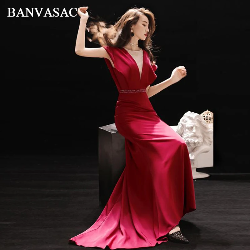 

BANVASAC Illusion O Neck Crystal Sash Sweep Train Mermaid Long Evening Dresses Party Short Sleeve Backless Prom Gowns