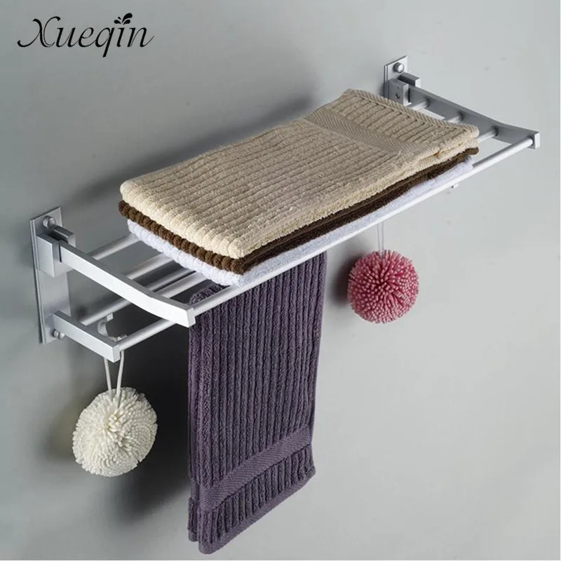 

2 Layer Alumimum Foldable Bathroom Towel Rack Holder Storage Hanger Wall Mounted Kitchen Hotel Towel Clothes Shelf With 5 Hooks